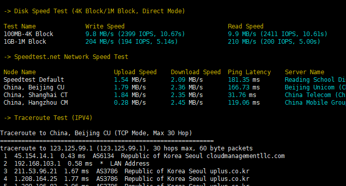 LOCVPS韩国VPS主机速度测试结果